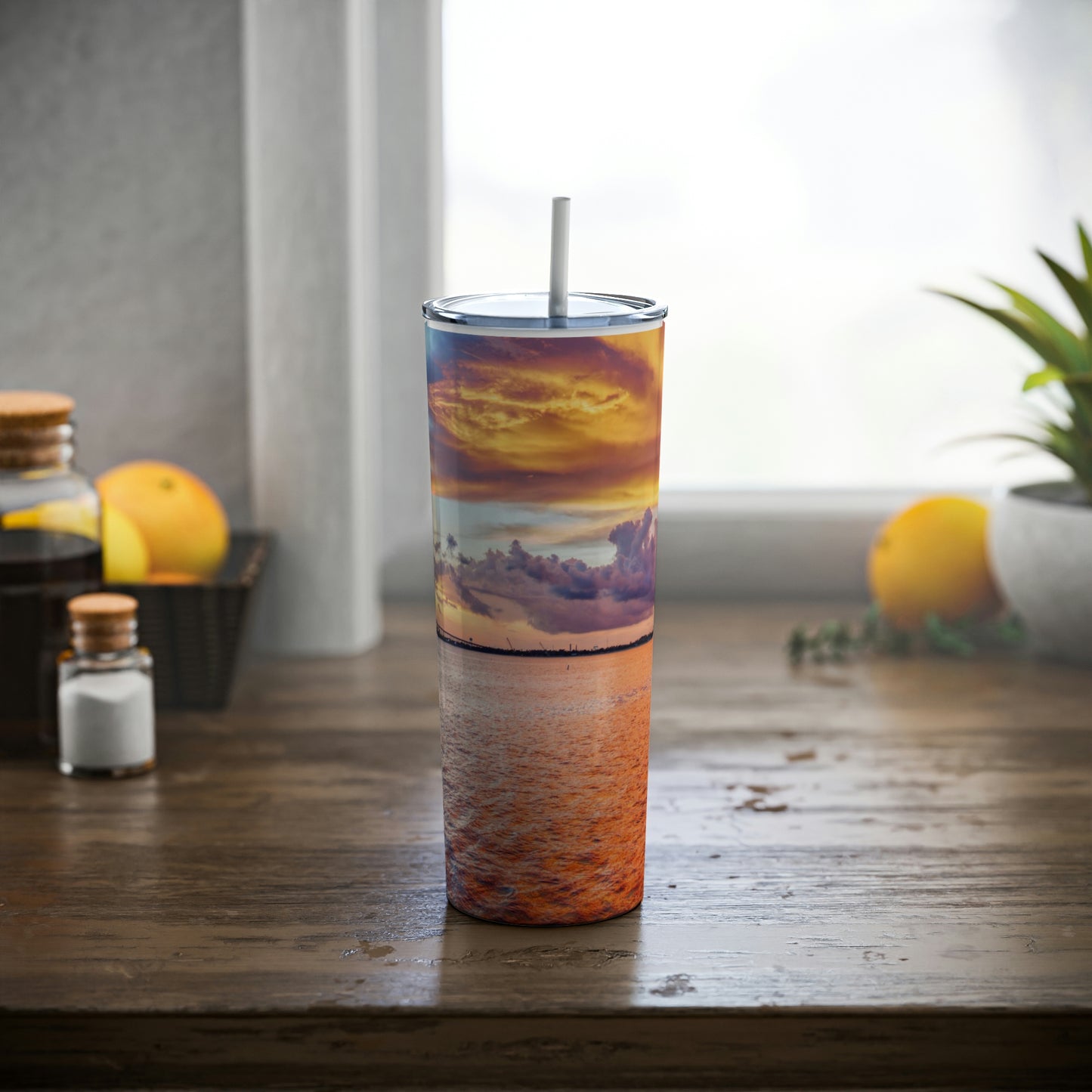 Lake Charles Sunset Skinny Steel Tumbler with Straw, 20oz